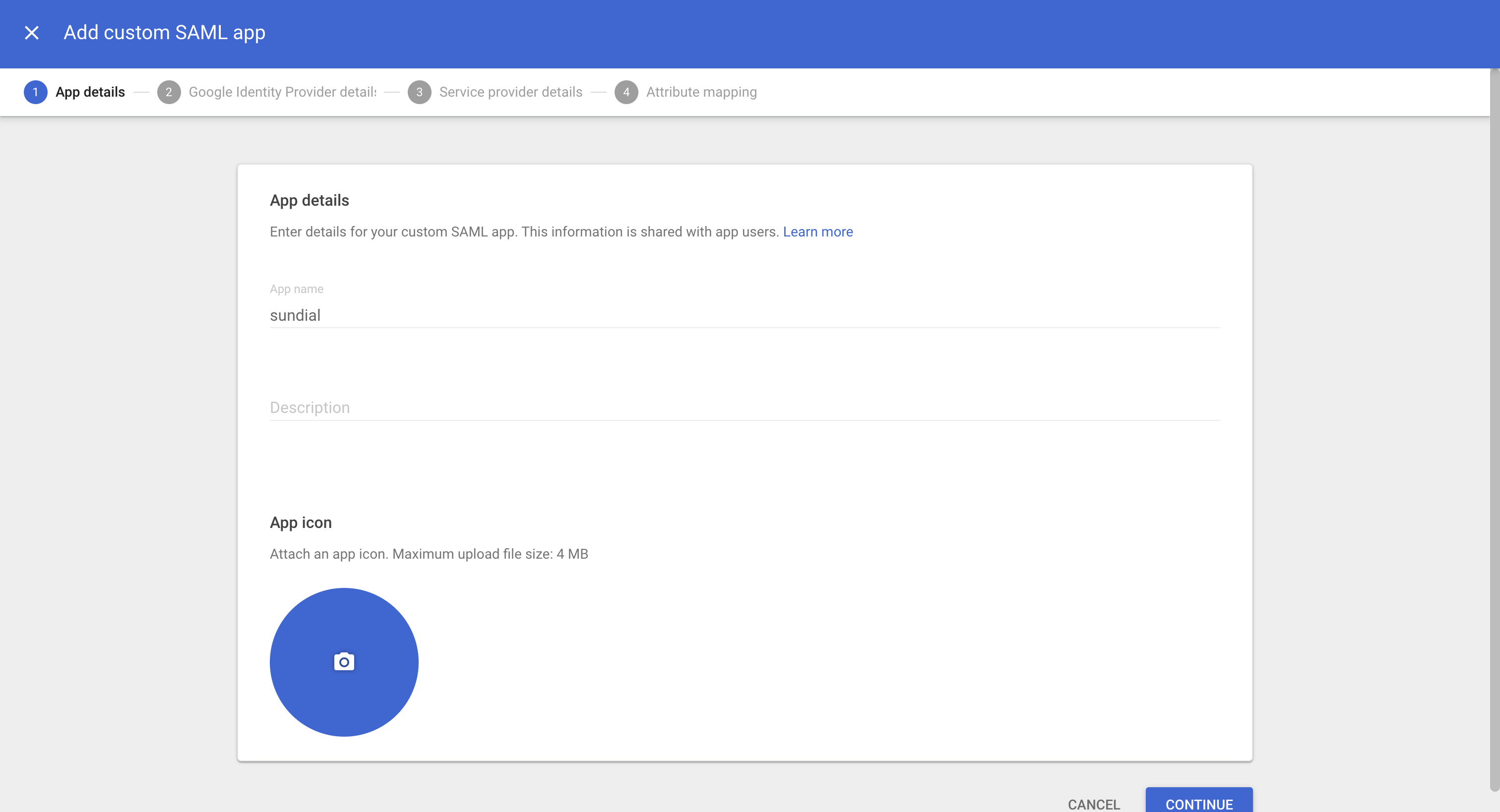 Naming the custom SAML app in Google admin console