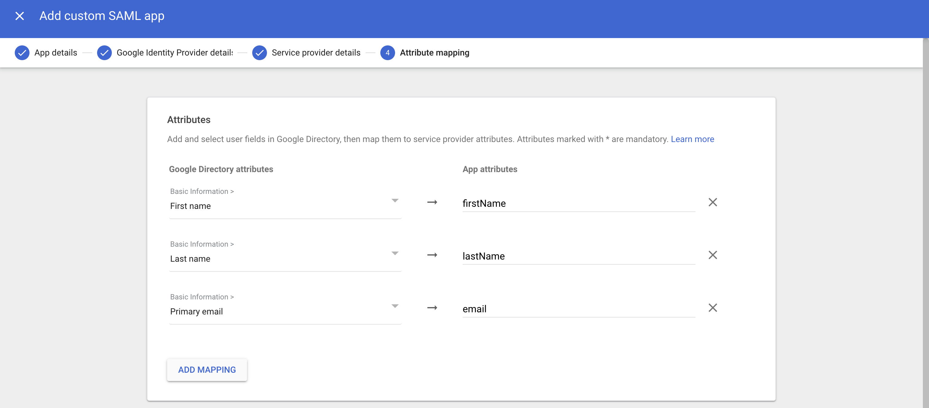 Google attribute mapping
