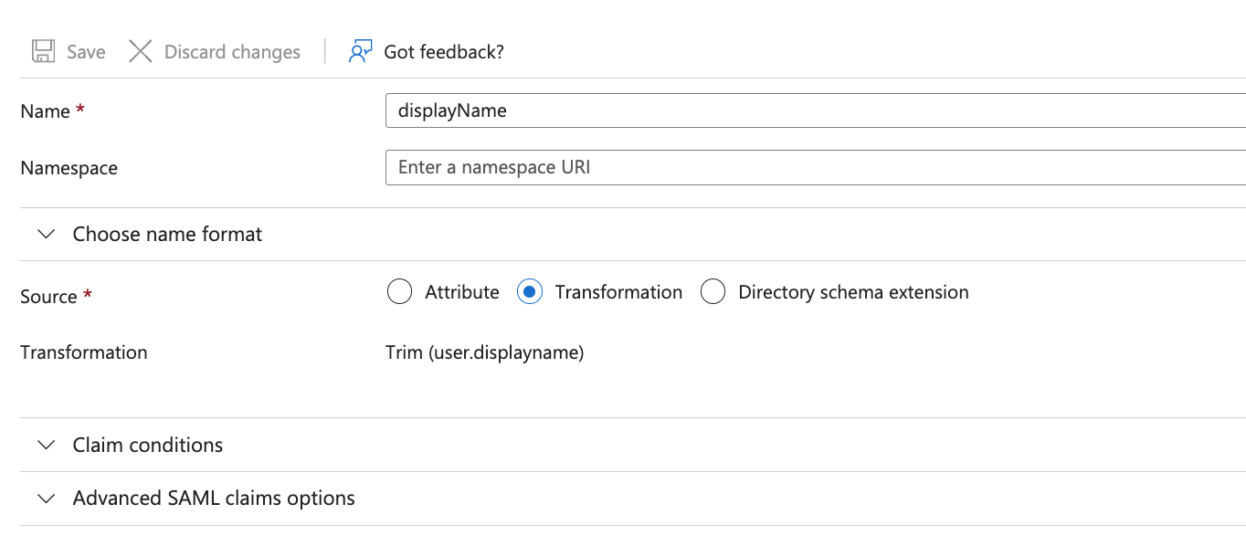 Entra displayName claim configuration