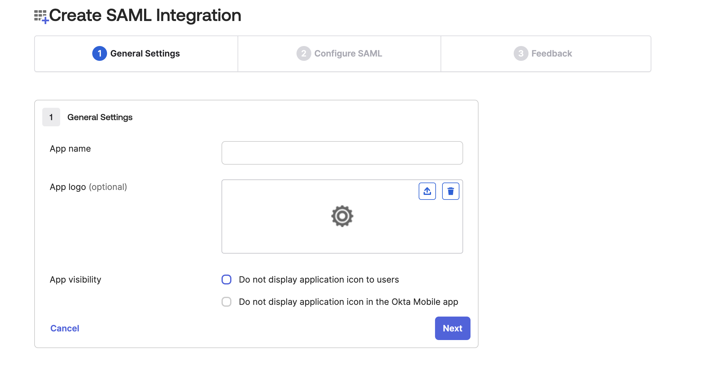 Okta general settings — app name