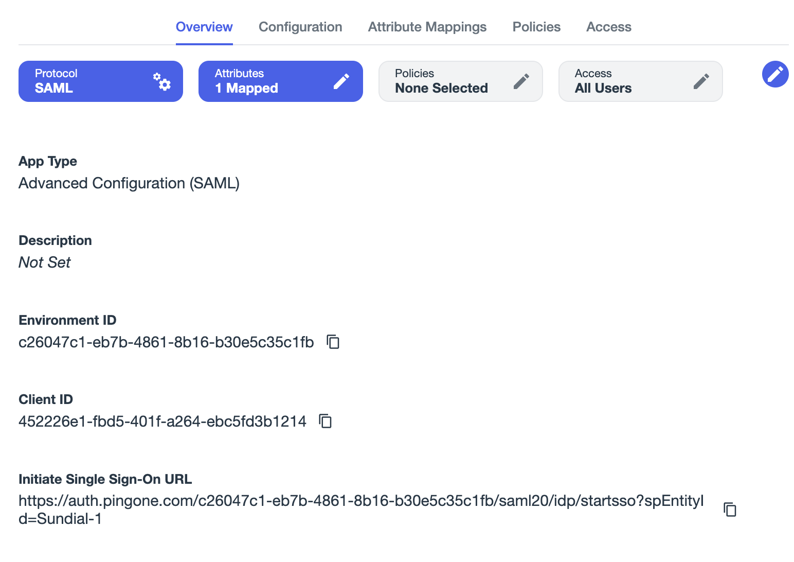PingOne overview tab with Initiate Single Sign-On URL