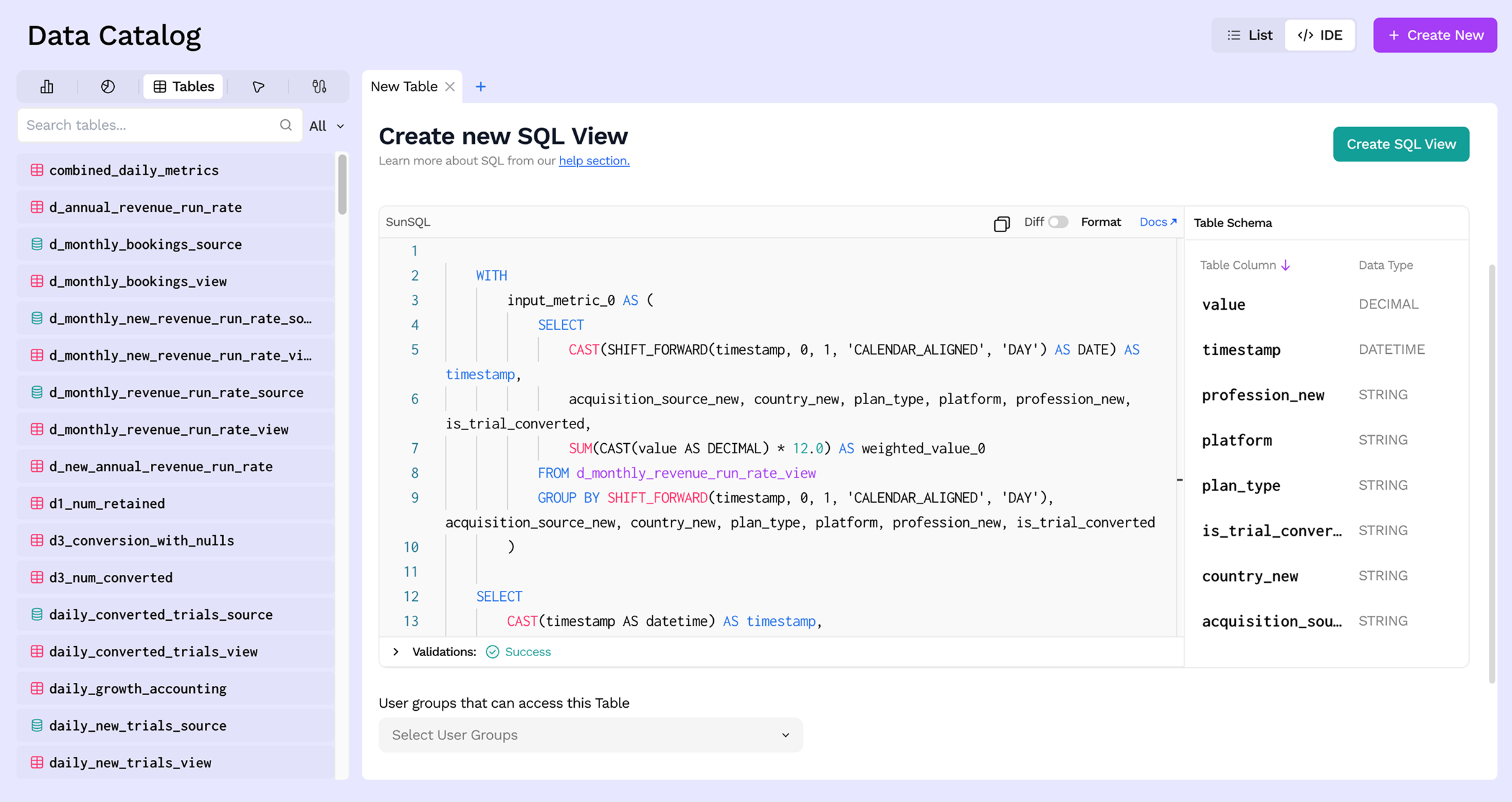 SQL editor and inferred schema
